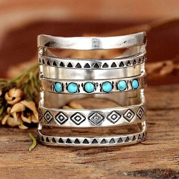 Retro Round Veneered Sausage Turquoise Rings 925 Sterling Silver - Picture 1 of 12